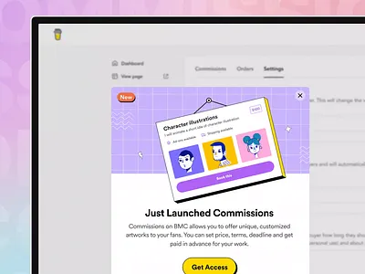 Announcement modal for commissions animation announce announcing branding graphic design graphics interactions logo modal motion motion graphics ui