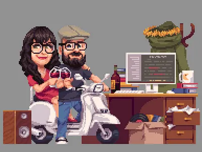 Signature pixel art of myself and my wife illustration pixel art vespa