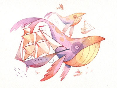 Among the whales art boat drawing fireart fireart studio fish illustration texture watercolor whale