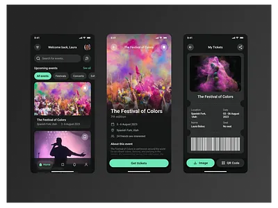 Event Booking App app color concert dark event festival mobile ticket ui