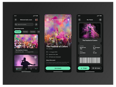 Event Booking App app color concert dark event festival mobile ticket ui