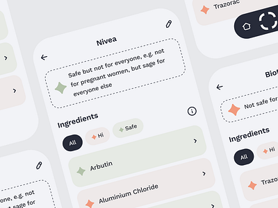 safe🌿choice application cosmetic design ingredients safe scan ui ux vector