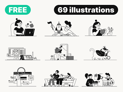 69 FREE illustrations black white cat character characters free freebie giveaway illustration illustration set illustrations illustrations kit people whoooa