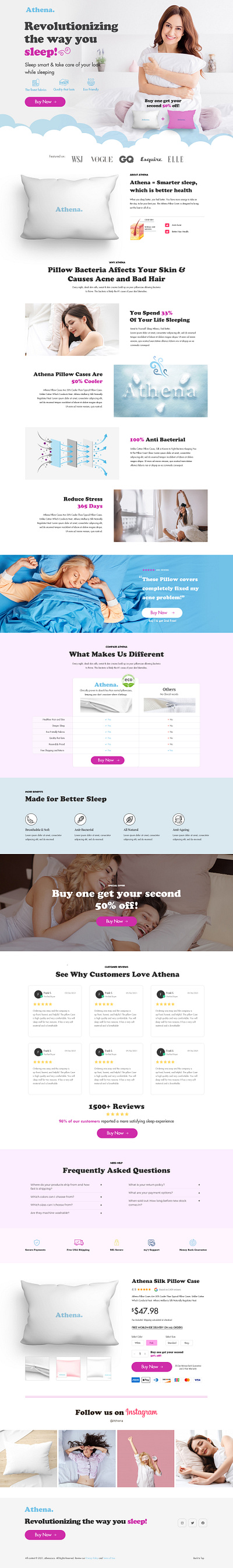 Athena Pillows Landing Page Design branding design ecommerce landing page landing page design product page website