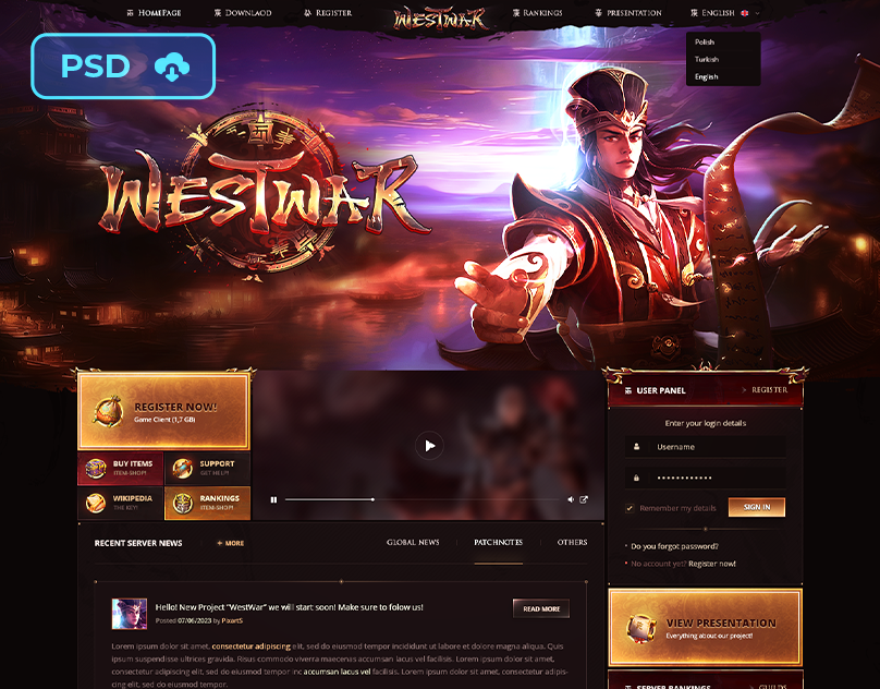[DOWNL] Metin2 Animated Website PSD Template - WestWar game logo l2 la2 lineage2 logo psd logo template metin psd web metin2 mmorpg mu online ui webdesign psd