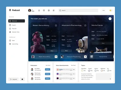 Podcast advertisements dashboard desktop design follow internet podcast streaming television topics tv ui ui ux ux voice message