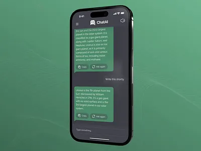 Chat AI Writing BOT | AI Messager 🤖💬 3d ai animation app apple bot branding chat chatgpt design graphic design green illustration iphone logo messager midjourney ui ux vector