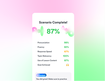 AI Conversation Grading & Feedback ai complete design education feedback gradient grading green language learning list mobile orange percentage score ui ux