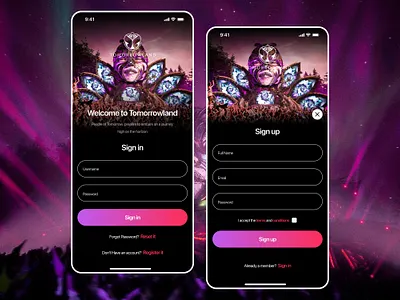 Daily UI #01 / Sign up app app ui app uiux concert dailyui registartion signin signup ticket tomorrowland ui ui design uiux