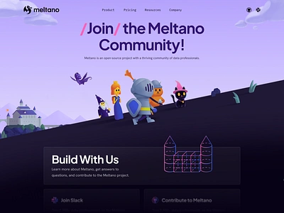 Meltano Community branding cartoon character community data science data scientists dragon drawing graphic design handdrawn illustration knight landing page logo princess ui ux web design website wizard