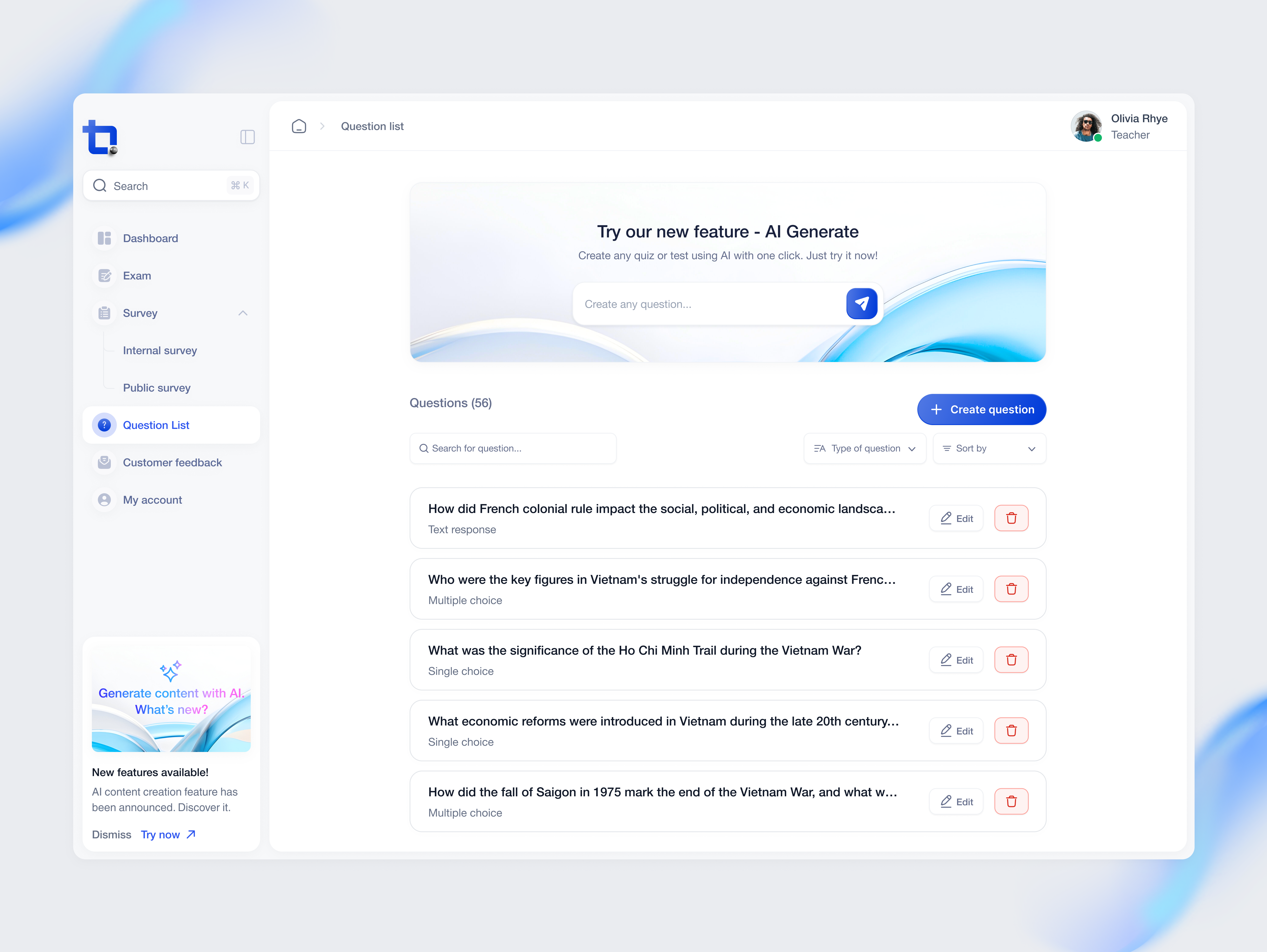 Online test - Question bank ai dashboard generate online test question sidebar ui ux