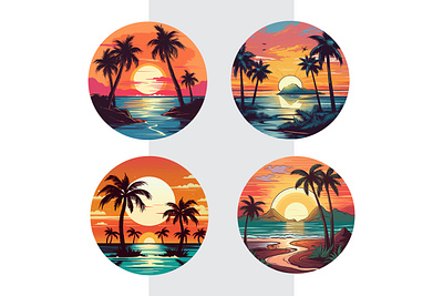 Sunset beach summer vibe in a circle beach branding circle design editable graphic design illustration logo minimal modern simple summer sun sunset tree vibe
