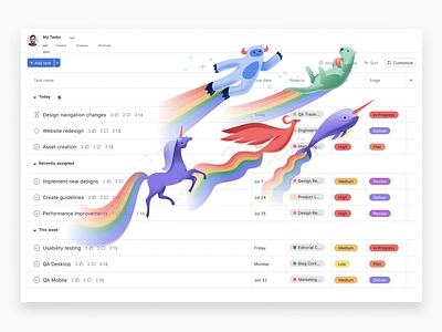 Asana Celebration Creatures asana branding celebration character design creatures delight design illustration joy narwhal otter phoenix product product design rainbow ui unicorn ux yeti