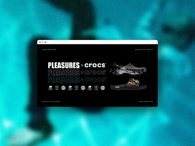 PLEASURES x Crocs | Key Campaign Creative 002 badge branding crocs dark design fashion illustration landing page logo logo design logotype mockup pool shoes streetwear ui ux ui vector water website