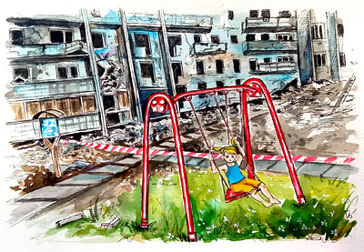 War in Ukraine, Ukrainian Kids and destroyed houses art design hand painted handmade illustration paint painting style ukraine war watercolor
