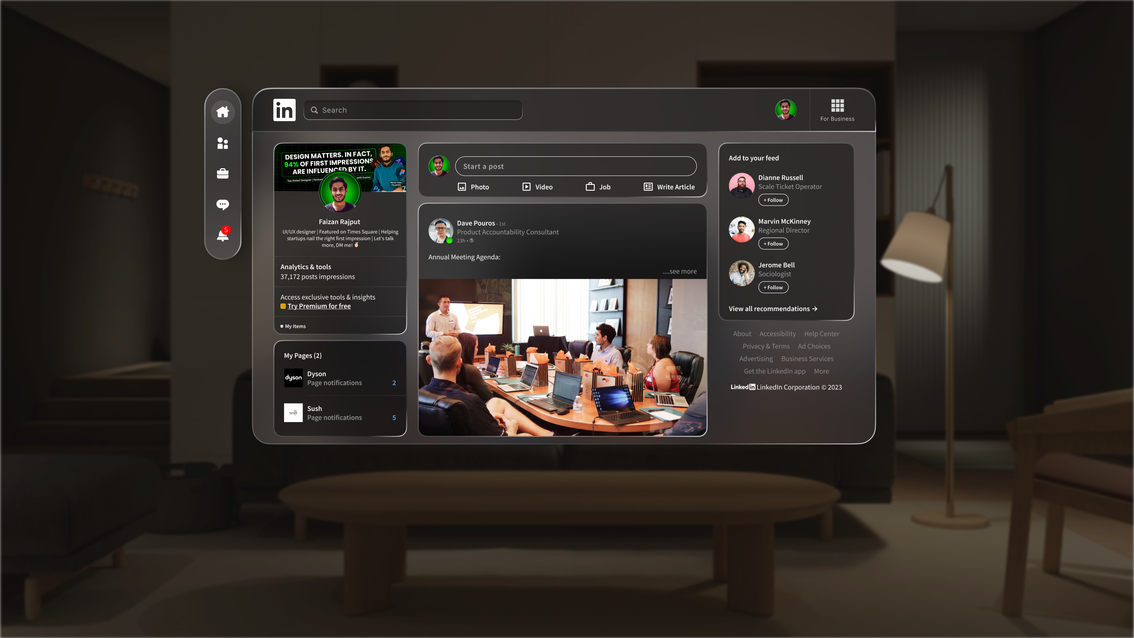 LinkedIn VisionPro AR design ar design ar vr augmented reality future design future tech glass morphism linkedin special computing design ui ux design visionpro web design