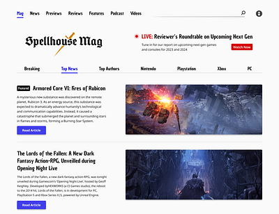 Spellhouse Mag concept front page gaming journalism landing news