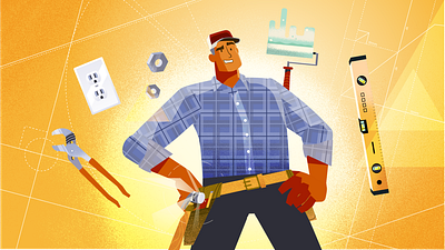 Handyman blue collar construction electrical socket flannel hammer handyman home improvement illustration painter plaid shirt tool belt work belt wrench