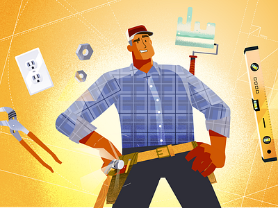 Handyman blue collar construction electrical socket flannel hammer handyman home improvement illustration painter plaid shirt tool belt work belt wrench