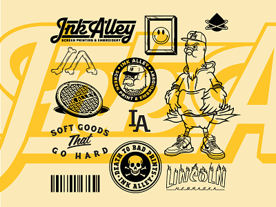 Ink Alley Brand Sheet apparel bones branding crumby creative embroidery flash graphic design ink alley lincoln logos nebraska one color pigeon rip screen printing sewer soft goods thrasher threads vector art