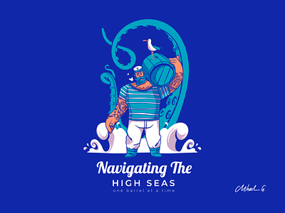 Navigating the high seas, one barrel at a time. barrel character drunken illustration monster navigating ocean rum sailor sea t shirt waves
