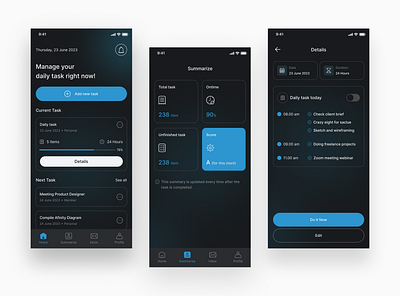 Daily Task Mobile App application concept daily dark mode design design inspiration development digital figma graphic design mobile mobile app screen site task ui user user interface website wireframe