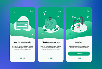 Money Moves 🏃‍♂️💸 app branding colour design graphic green illustration intro investing money onboarding progress ui ux