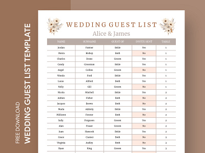 Boho Wedding Guest List Free Google Sheets Template attendance chart docs free google docs templates free template free template google docs google google docs guest guests list marriage nuptials print sheets spreadsheet table template templates wedding