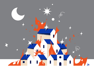 HOUSES ON FIRE abstract branding character design city design fire graphic design house houses illustration map moon motion graphics night shape shapes stars town ui vector