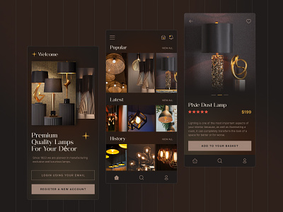Luxury Lamps E-commerce Mobile App dark decor interior lamps lighting luxury ui design