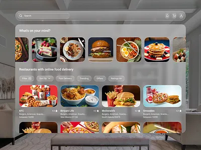 ExpressEats - Spatial UI | Delivery App For Apple Vision Pro 3d ar vr branding delivery food delivery glass ui living room mixed reality product spatial design spatial ui ui ui ux