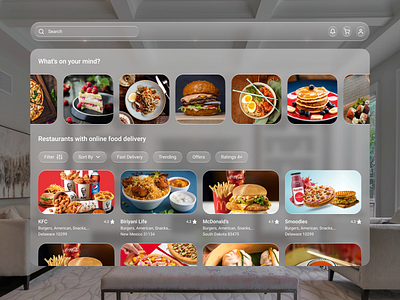 ExpressEats - Spatial UI | Delivery App For Apple Vision Pro 3d ar vr branding delivery food delivery glass ui living room mixed reality product spatial design spatial ui ui ui ux