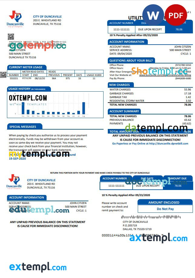 USA Texas City of Duncanville water, sewer, garbage utility bill by