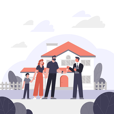 Buying a house agent buying character design family flat home house illustration keys new real estate