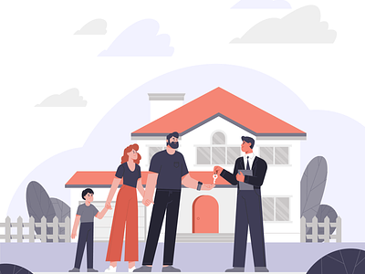 Buying a house agent buying character design family flat home house illustration keys new real estate