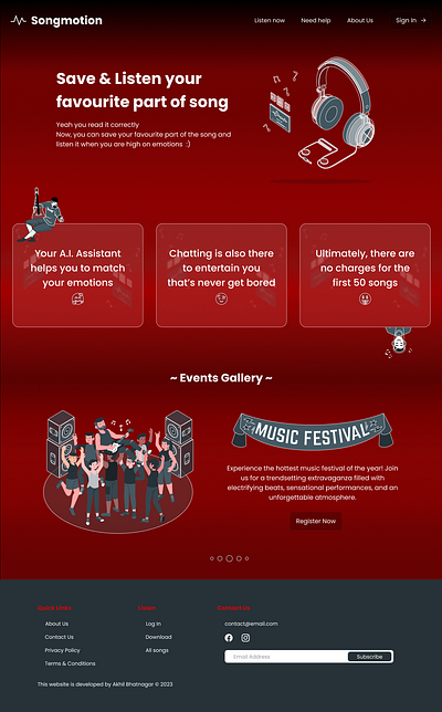 Songmotion branding design homepage illustration logo design music events music web app red black and grey trendy ui ui kit website ui