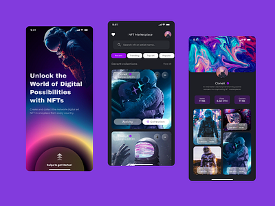 Dark UI screens for NFT app animation branding darkui motion graphics nft ui ui design