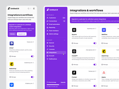 Integrations & workflows settings — Untitled UI connected apps integrations modern navigation preferences product design settings sidenav ui design user interface ux design