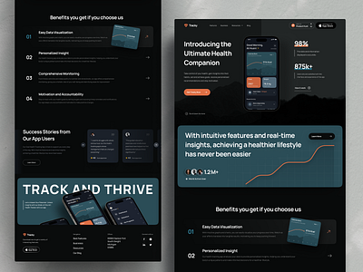 Saas Landing page - Health Tracking App dark mode design fitness app fitness website health app health tracking app healthcare landing page app saas landing page saas website statistics tracker tracker app tracker website tracking tracking app ui ux web design website