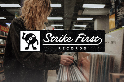 Strike First Records art badge band creative cursive industry label lockup mascot music records spinning typography vinyl record