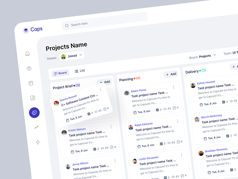 Caps CRM SaaS - Projects Board animation board crm das dashboard dashboardui design filllo filllo design product design project project board saas saasui ui uiux ux web web design webapp