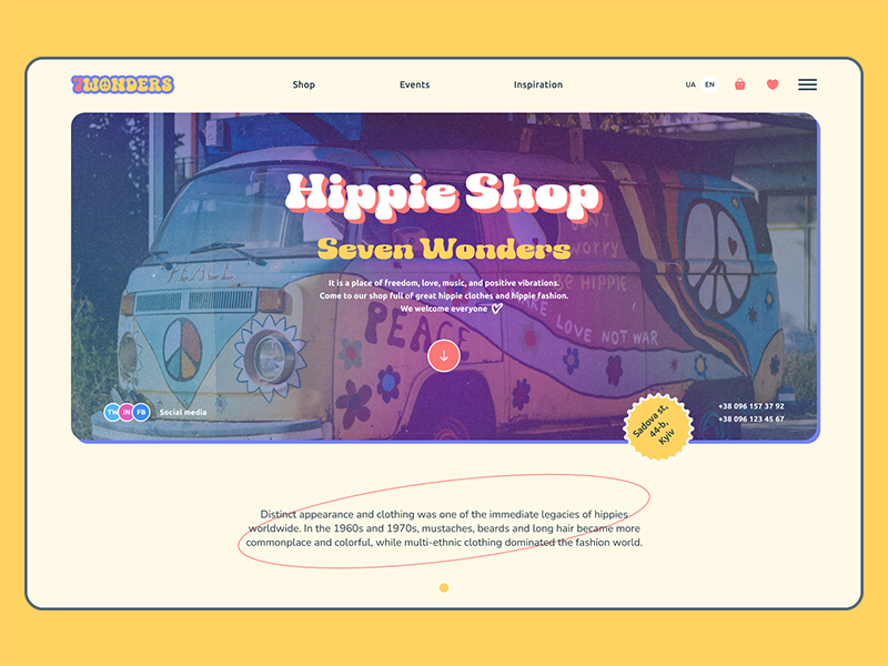 Seven Wonders Hippy Shop website adobe illustrator adobe photoshop branding desktop figma free graphic design hippie hippie shop love minimal music online store peace shopping ui visual design web design website woodstock