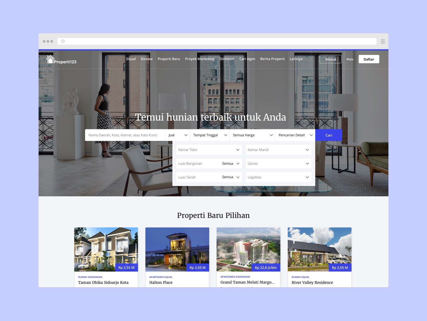 Properti123 – Real Estate Directory Website directory website email forms landing page map property real estate directory real estate website serif typography