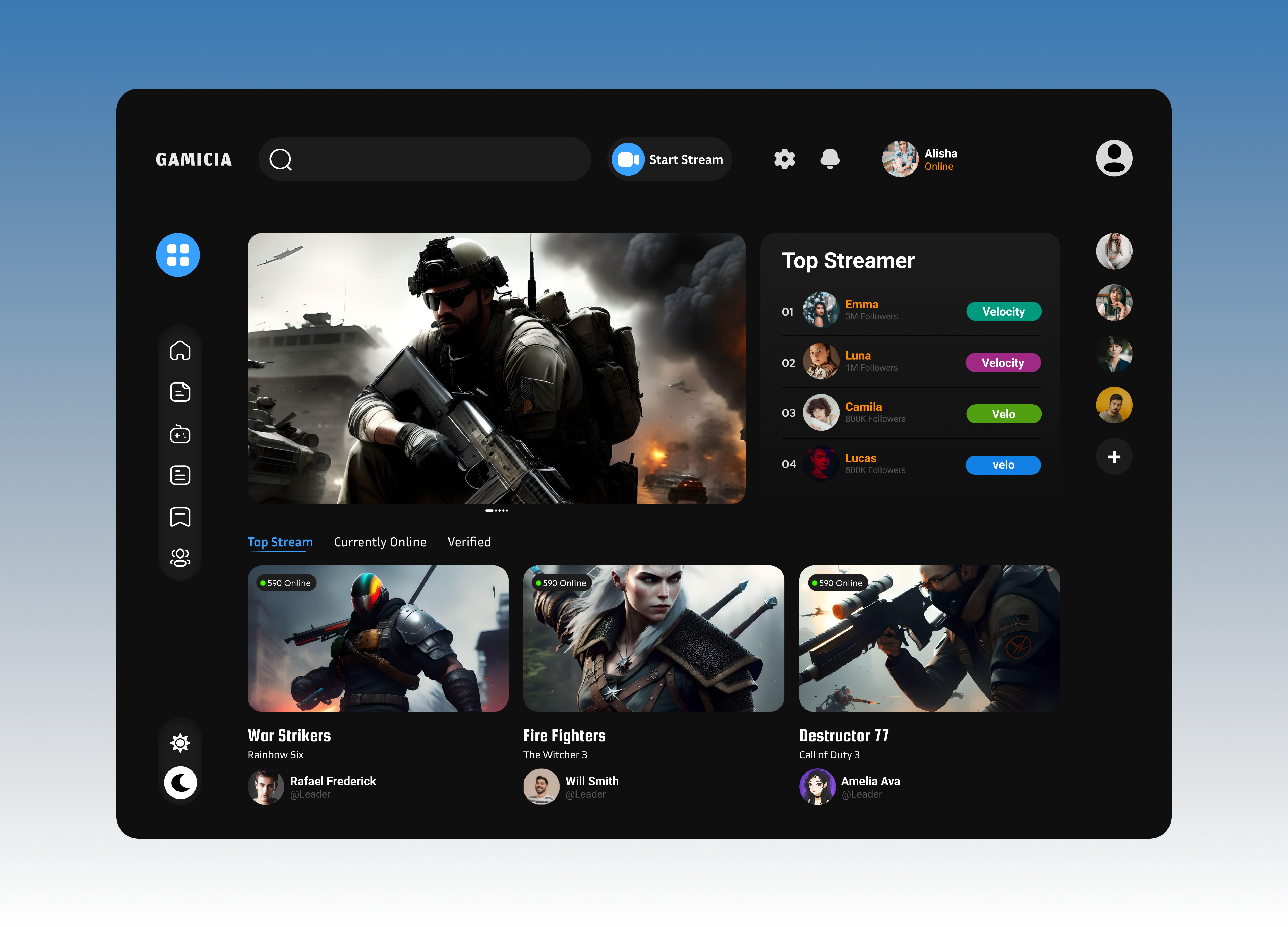 Gaming Dashboard - GAMICIA 3d animation app branding casino dashboard game dashboard game platform games gaming gaming dashboard gaming website illustration live stream ui ui design