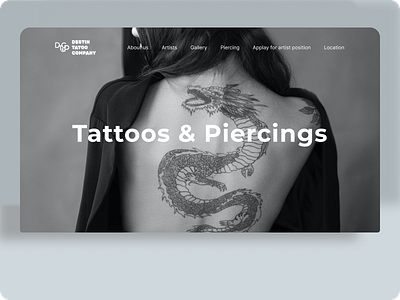 Tattoos and piercings back black design dragon girl grey logo menu minimalism piersing salon site tatoo ui ux white