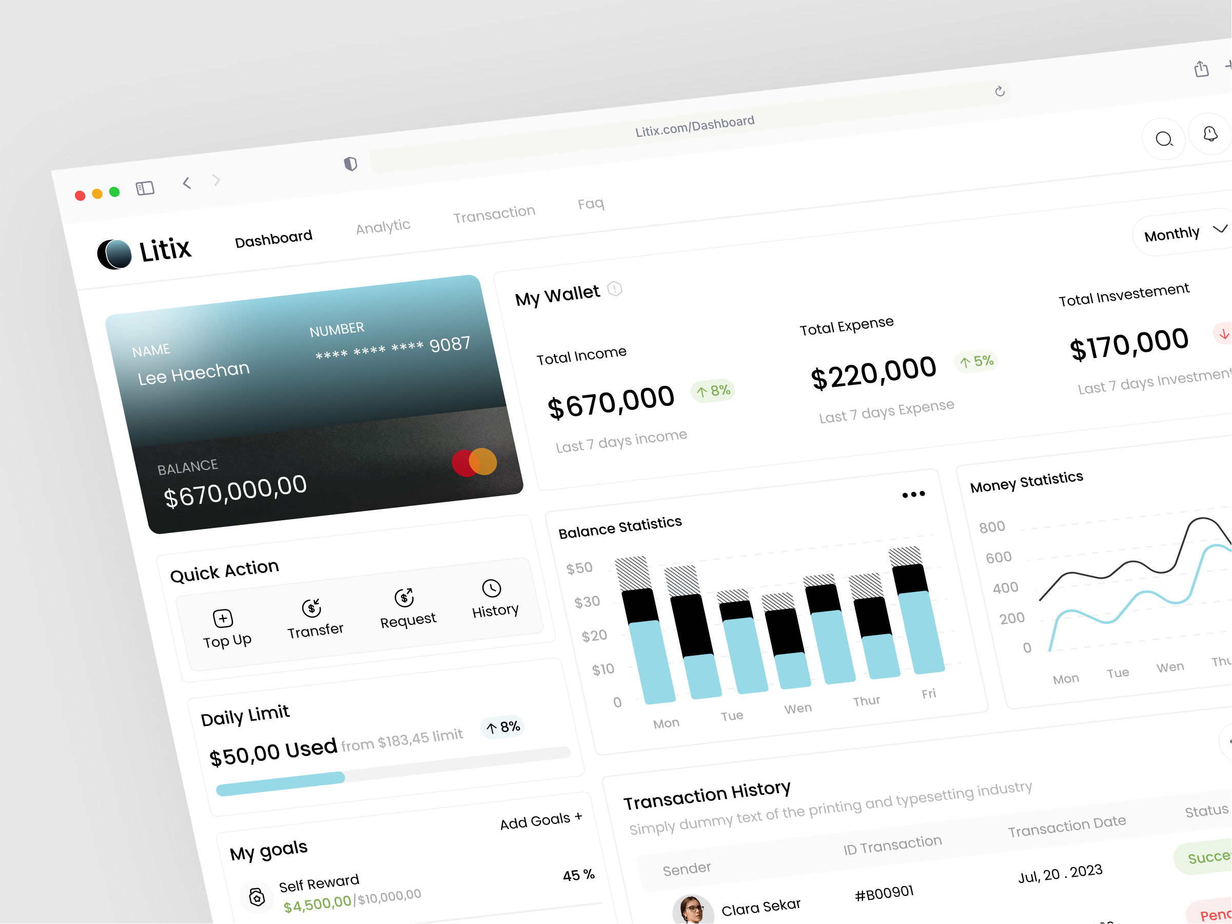 Litix - Finance Dashboard admin analytics bank banking card credit card dashboard dashboard design data finance finance dashboard financial management money transfer personal finance product designer saas transaction transfer ui design wallet