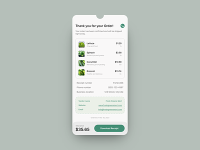 Purchase Receipt app design branding cart checkout deliver e commerce ecommerce email email receipt food mart menu order payment product purchase purchase receipt receipt store vegetables