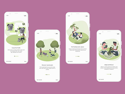 Walkthrough flow for pet app design illustration ios design for pet app onboarding pet app pet app design pet care pet ios app ui vector wakhthrough screens for pet app walkthrough walkthrough screens