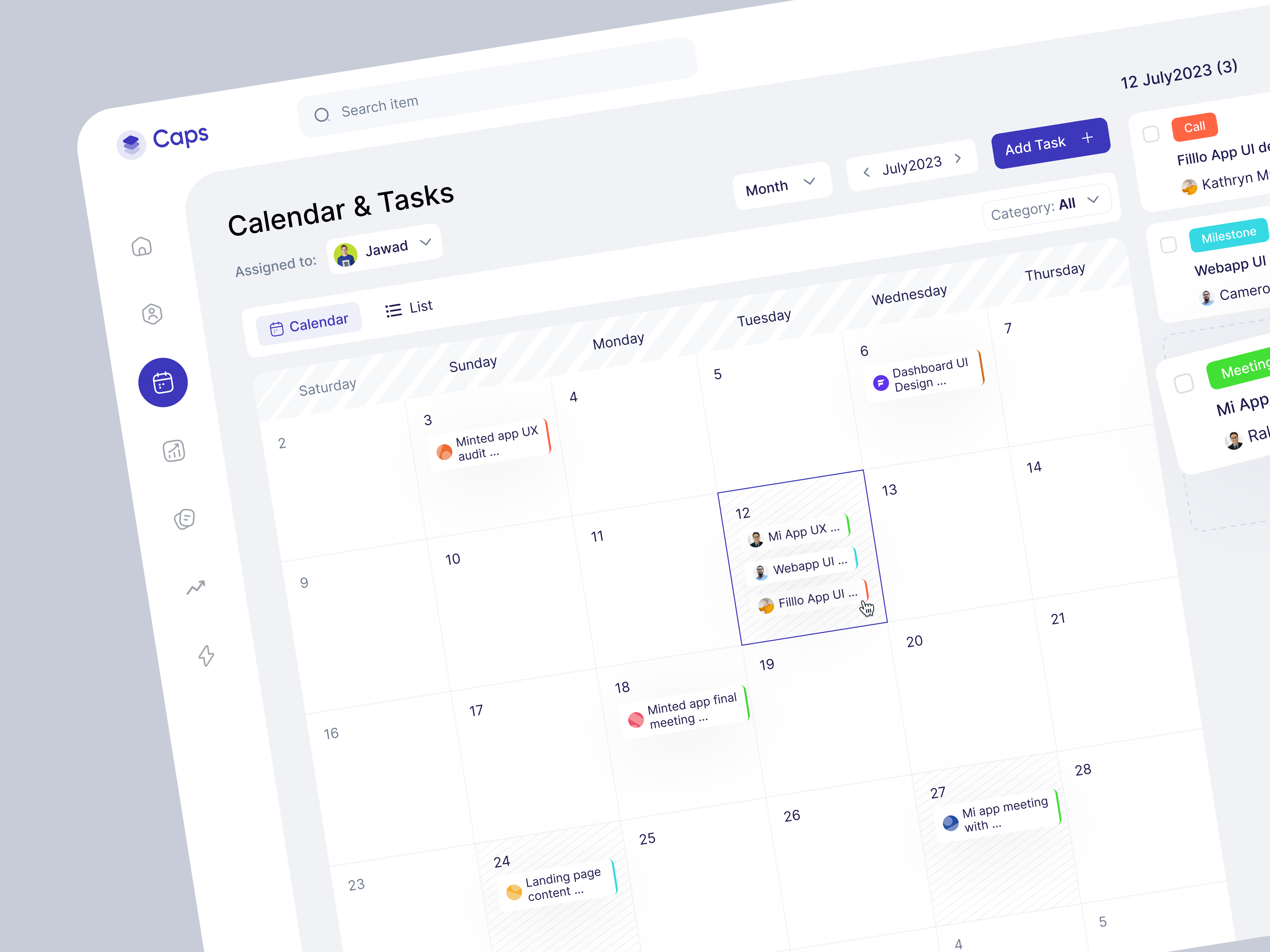 Caps CRM SaaS - Calendar and Tasks b2b calendar crm dashboard designer filllo management project management saas saasui sud task task management web webapp