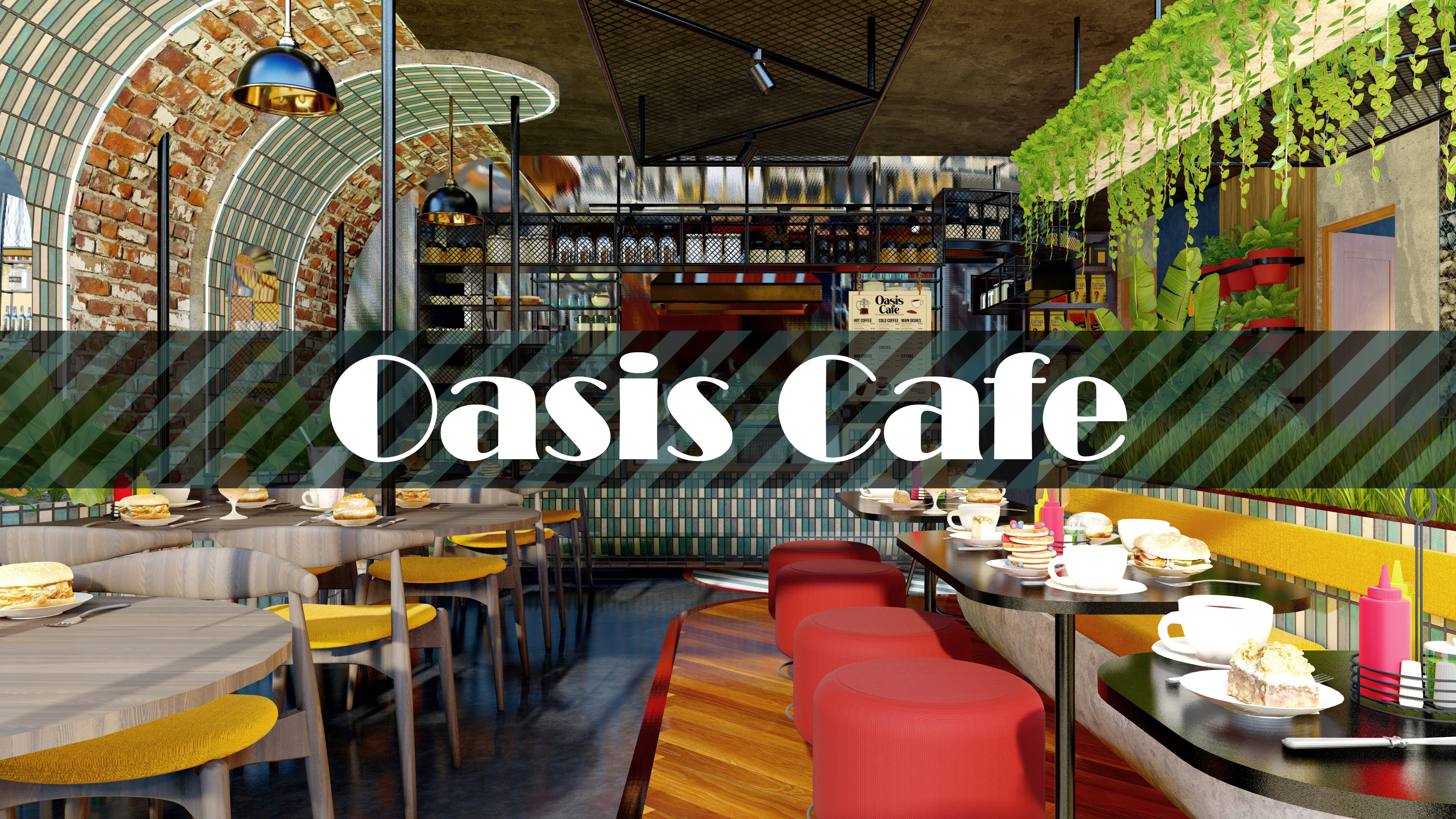 Oasis cafe interior design and visualisation 3d concept 3d design 3d illustration 3d modelling 3d visualisation 3d visualization architecture cafe concept cafe design cafe ideas detail design graphic design interior design kitchen design layout design locker design seating design sketchup toilet design wardrobe design